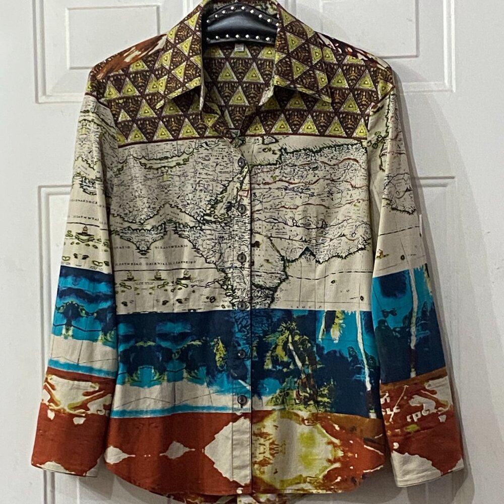 MISHCA Women's Sz M Blouse Shirt 3/4 Sleeve Multicolor World Map Print